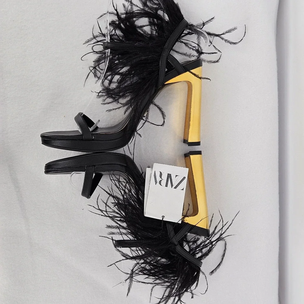 Zara Black Feather Trim Gold Block Heel Sandals Wrap Ankle Strap Womens 6 NEW‎ - Picture 3 of 9